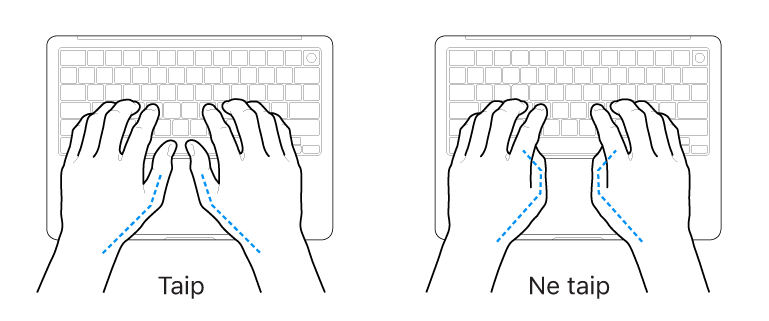 Virš klaviatūros laikomos rankos: rodoma, kaip tinkamai ir netinkamai laikyti nykščius.