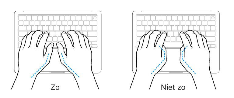 Handen boven een toetsenbord, waarbij de goede en verkeerde stand van de duimen wordt aangegeven.