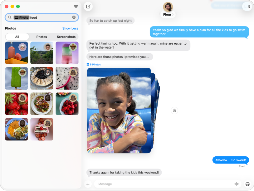 Janela do app Mensagens mostrando resultados de busca à esquerda e uma conversa à direita.
