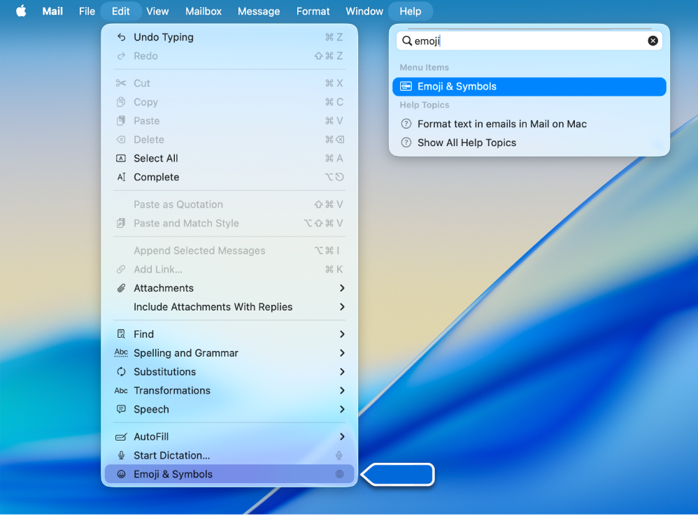 O menu Ajuda mostra uma pesquisa por “emoji”, com a opção Emoji e símbolos destacada na lista de resultados e no menu “Edição”.