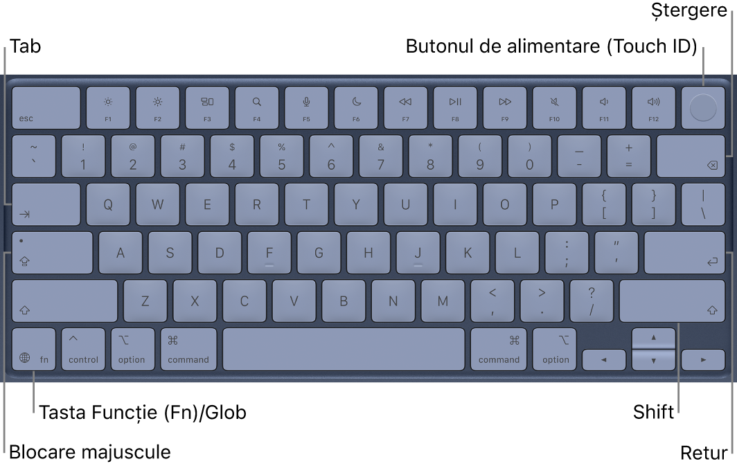 Tastatura prezentând butonul Touch ID în colțul din dreapta sus, tasta Funcție în colțul din stânga jos și tastele Tab, Blocare majuscule, Shift, Ștergere și Retur.