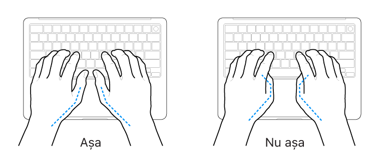 Mâini poziționate deasupra unei tastaturi, indicând alinierea corectă și incorectă a degetelor mari.