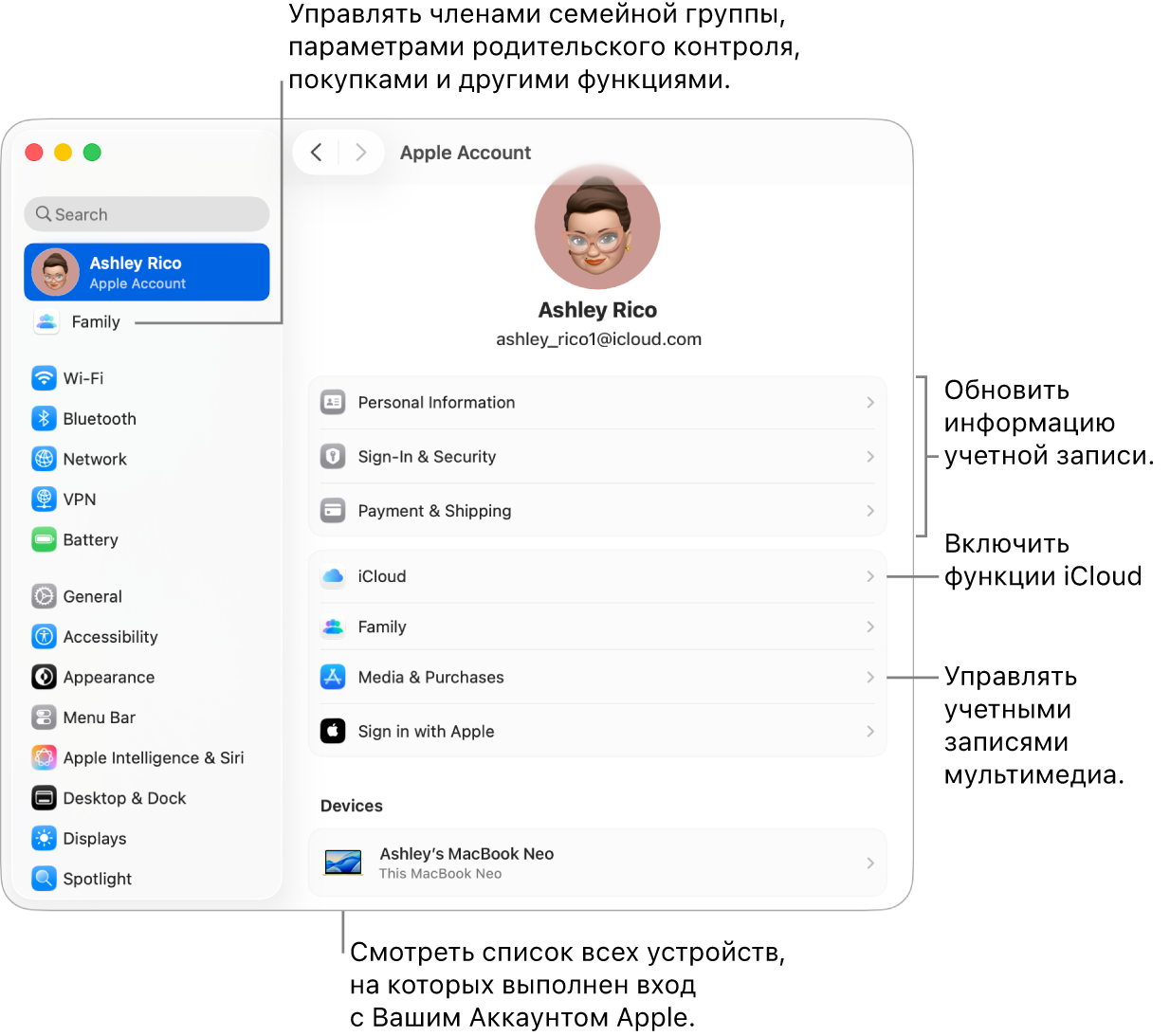 Настройки Аккаунта Apple в Системных настройках. Сносками показаны параметры обновления сведений учетной записи, включения или выключения функций iCloud и управления настройками учетных записей для мультимедиа. В настройках Семейного доступа показаны параметры управления устройствами членов семьи, родительским контролем, покупками и многим другим.