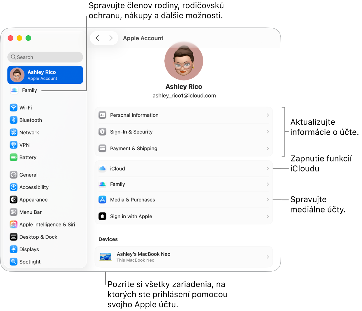 Nastavenia Apple účtu v Systémových nastaveniach s popismi na aktualizáciu informácií o účte, zapnutie alebo vypnutie funkcií iCloudu, správu mediálnych účtov a upravenie nastavení Rodiny, kde môžete spravovať členov rodiny, rodičovskú ochranu, nákupy a ďalšie možnosti.