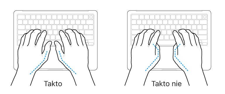 Ruky položené na klávesnici znázorňujúce správnu a nesprávnu polohu palcov.