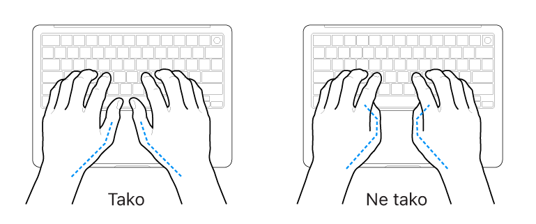 Dlani nad tipkovnico, ki prikazujeta pravilno in nepravilno držo palcev.