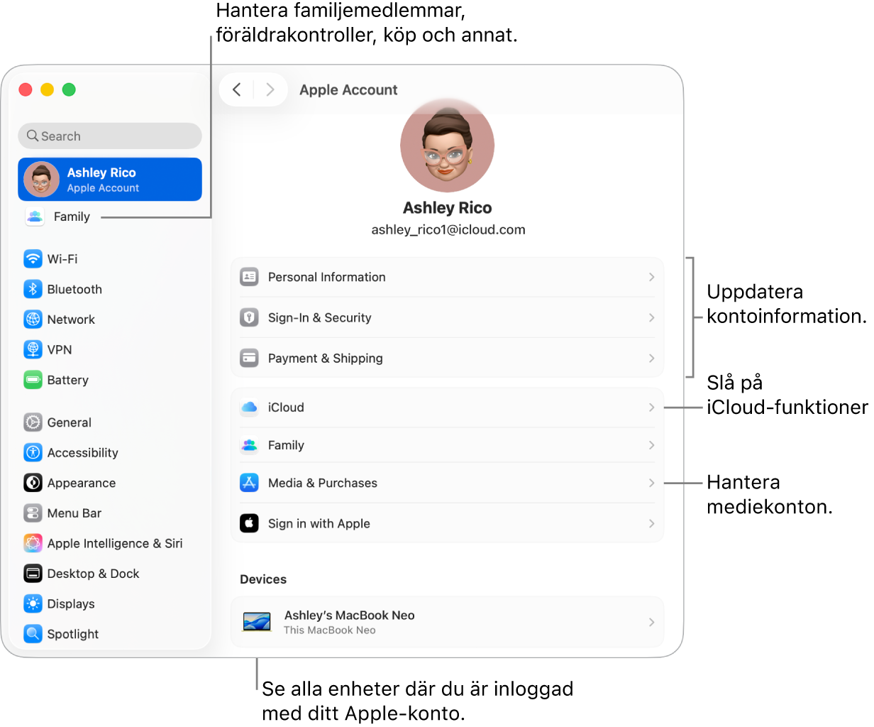 Apple‑kontoinställningarna i Systeminställningar med streck som pekar mot alternativ för att uppdatera kontoinformation, slå på eller stänga av iCloud-funktioner, hantera mediekonton och justera inställningar för Familj där du kan hantera familjemedlemmar, föräldrakontroller, köp med mera.
