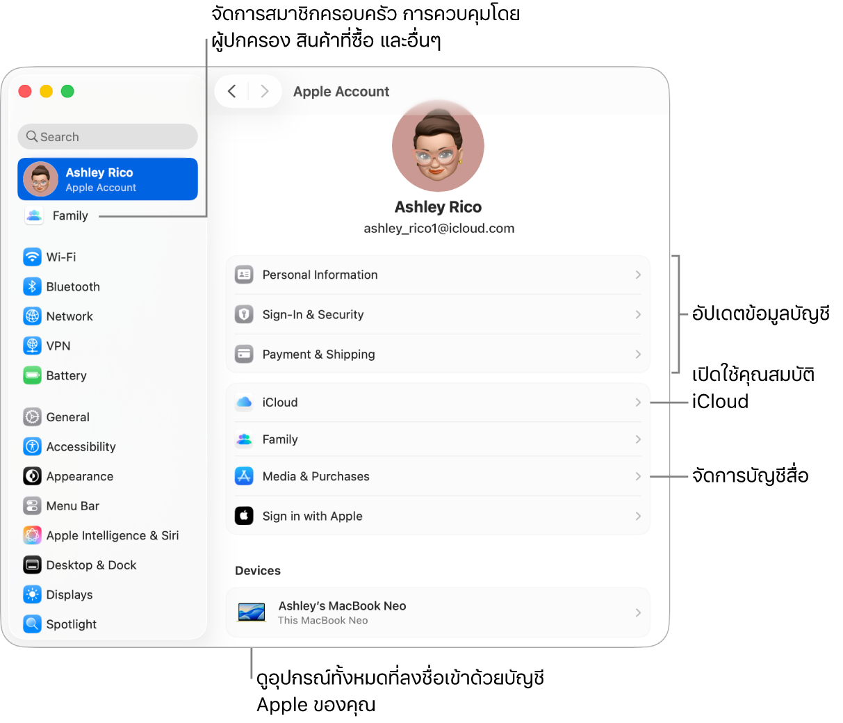 การตั้งค่าบัญชี Apple ในการตั้งค่าระบบที่มีคำอธิบายเพื่ออัปเดตข้อมูลบัญชี, เปิดใช้หรือปิดใช้คุณสมบัติ iCloud, จัดการบัญชีสื่อ และปรับการตั้งค่าครอบครัว ซึ่งคุณสามารถจัดการสมาชิกครอบครัว การควบคุมโดยผู้ปกครอง การซื้อสินค้า และอื่นๆ ได้
