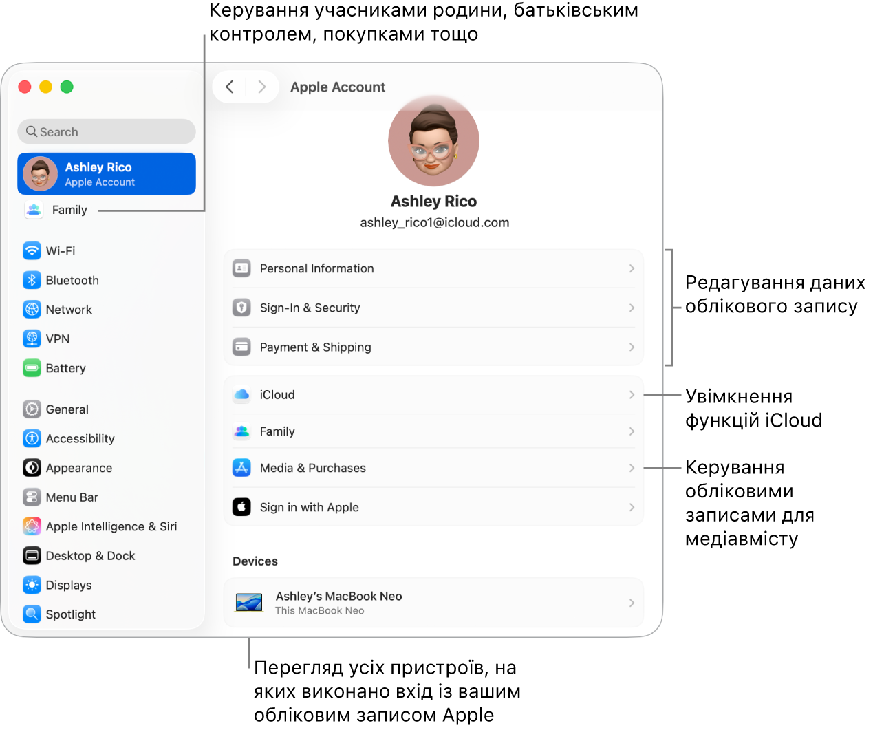 Параметри облікового запису Apple у Системних параметрах із виносками для оновлення інформації про обліковий запис, увімкнення та вимкнення функцій iCloud, керування обліковими записами в соцмережах, а також налаштування параметрів «Родина», де можна керувати учасниками родини, батьківським контролем, покупками тощо.