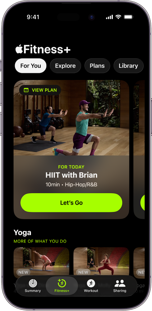 The For You screen in Apple Fitness+ showing a workout in a Custom Plan and recommended Yoga workouts.