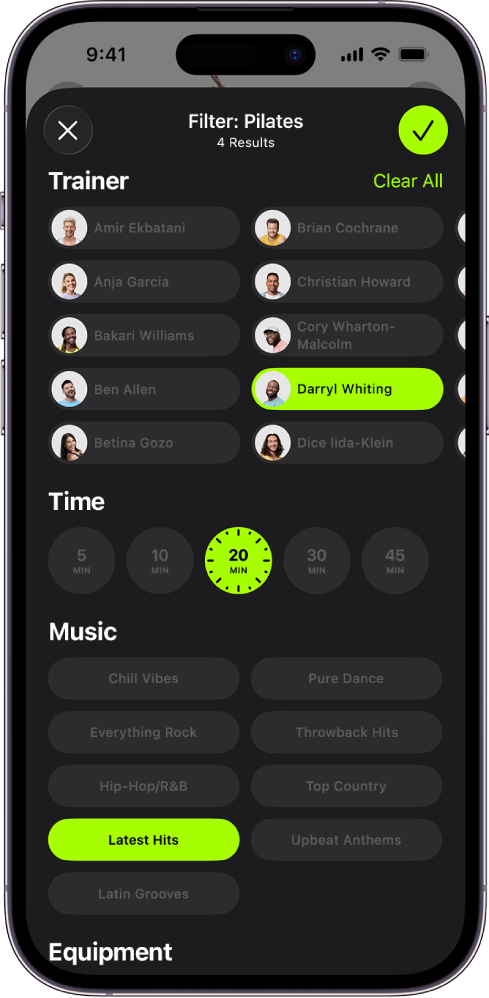 The Apple Fitness+ screen showing options to sort and filter workouts. At the top of the screen is a list of trainers. Time intervals are in the centre of the screen. Below Time is a list of music genres.