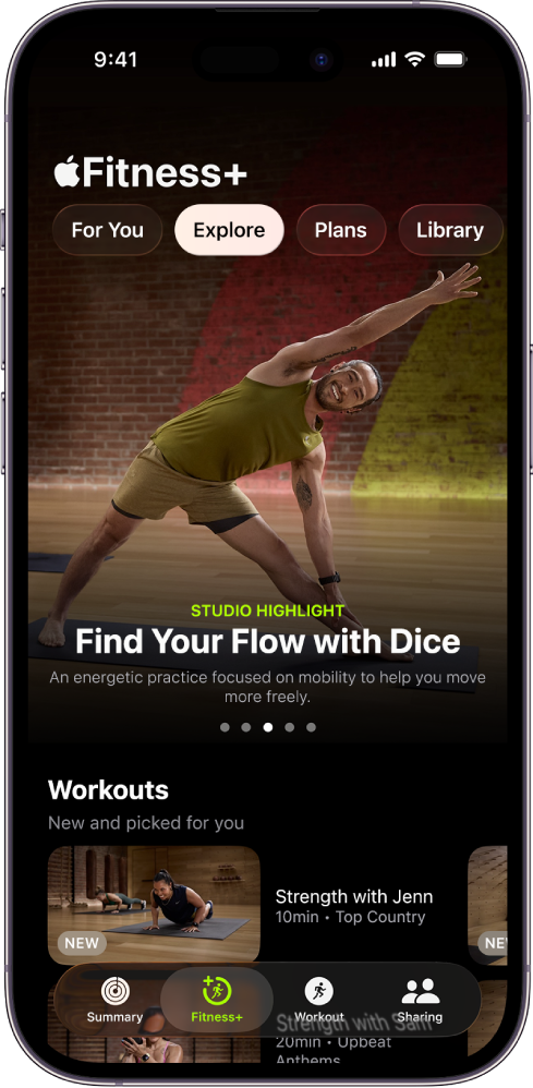 The Explore screen in Apple Fitness+ showing a featured workout. New workouts appear at the bottom of the screen.
