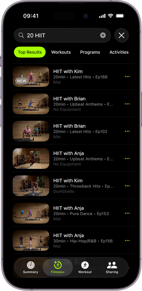 The Search screen in Apple Fitness+ showing a search field at the top. The Activity Types section below shows featured activity types. The Discover section below shows six categories.