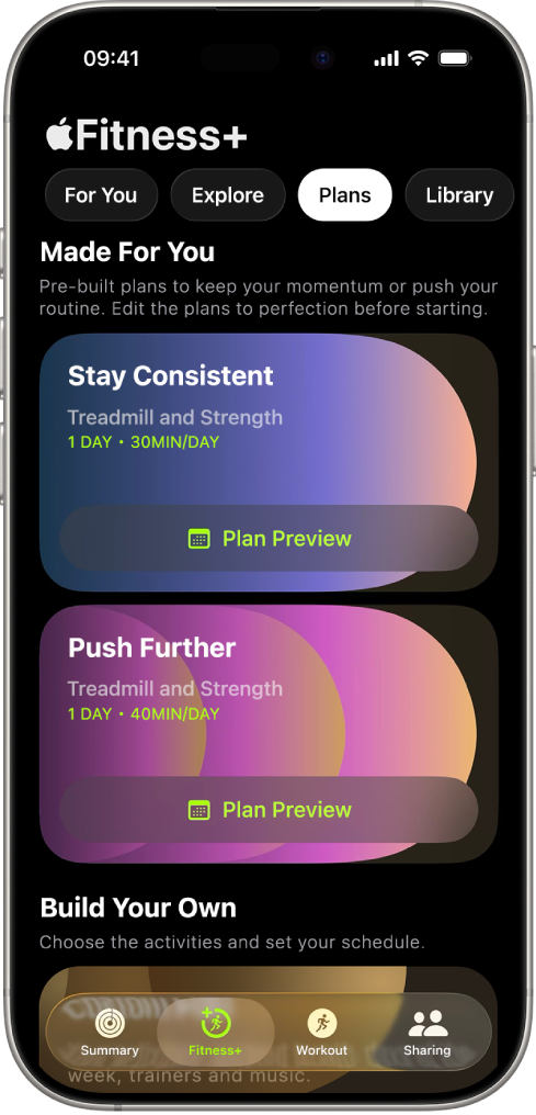 The Plans screen in Apple Fitness+ showing an active workout plan at the top of the screen. Buttons to start the workout and view the workout plan appear below the workout details.
