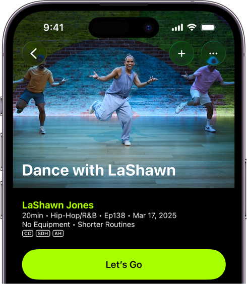 The Apple Fitness+ screen showing a workout. An image of trainers performing a workout is at the top of the screen. The title of the workout and the name of the trainer leading the workout are in the center. The button to start the workout is below the workout details.