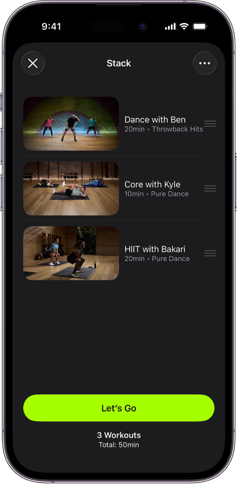 An Apple Fitness+ screen showing a Stack with three workouts. The Let’s Go button is at the bottom of the screen.