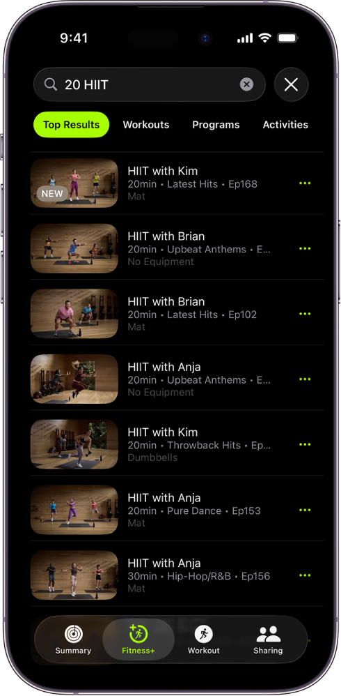 The Search screen in Apple Fitness+ showing a search field at the top. The Activity Types section below shows featured activity types. The Discover section below shows six categories.