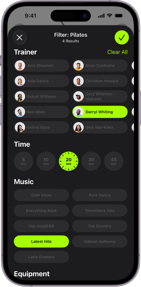 The Apple Fitness+ screen showing options to sort and filter workouts. At the top of the screen is a list of trainers. Time intervals are in the center of the screen. Below Time is a list of music genres.