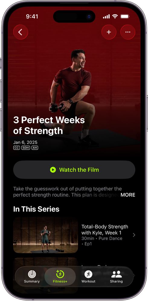 The Apple Fitness+ screen showing a workout program. The program title, a button to watch a preview of the program, and the description are at the center of the screen. A row of workout episodes is at the bottom of the screen.