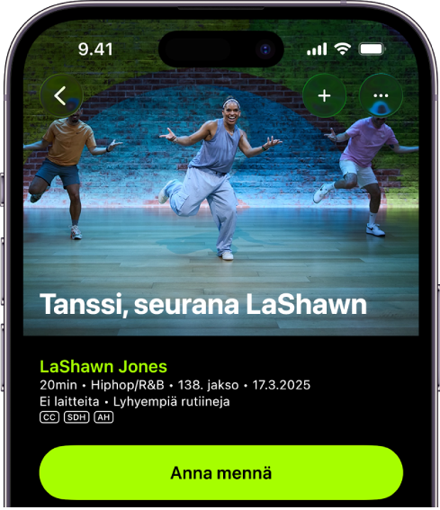 Apple Fitness+ -näytöllä näkyy treeni. Näytön yläreunassa on kuva ohjaajista tekemässä treeniä. Keskellä näkyvät treenin nimi ja treenin ohjaajan nimi. Treenin tietojen alapuolella näkyy treenin aloituspainike.