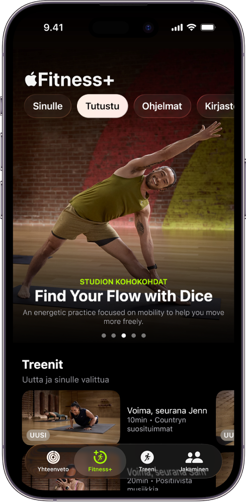 Apple Fitness+:n Tutustu-näyttö, jossa näkyy esittelyssä oleva treeni. Näytön alareunassa näkyy uusia treenejä.