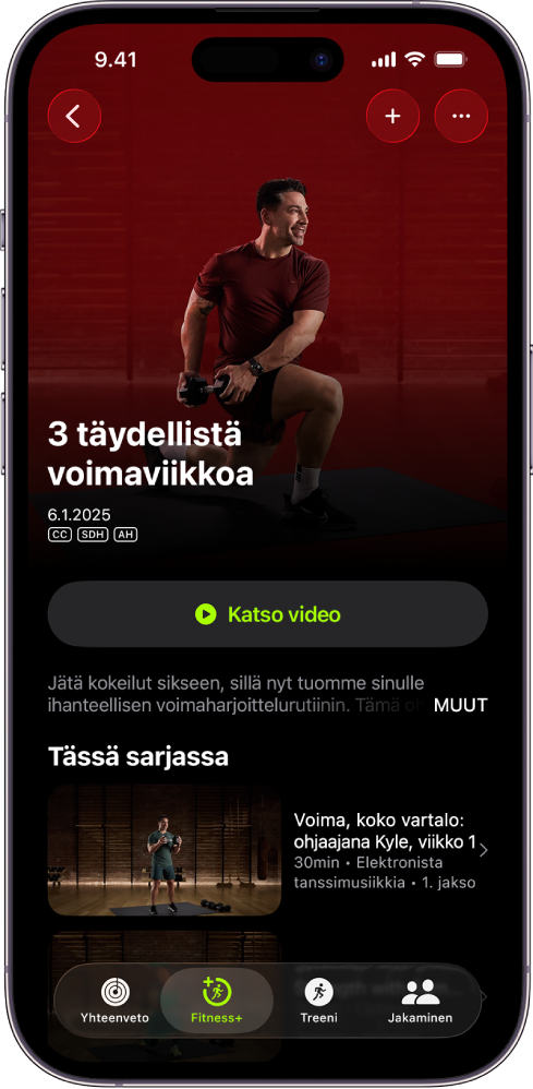Apple Fitness+ -näytöllä näkyy treeniohjelma. Ohjelman nimi, ohjelman esikatselupainike ja ohjelman kuvaus ovat näytön keskellä. Näytön alareunassa on rivi treenijaksoja.