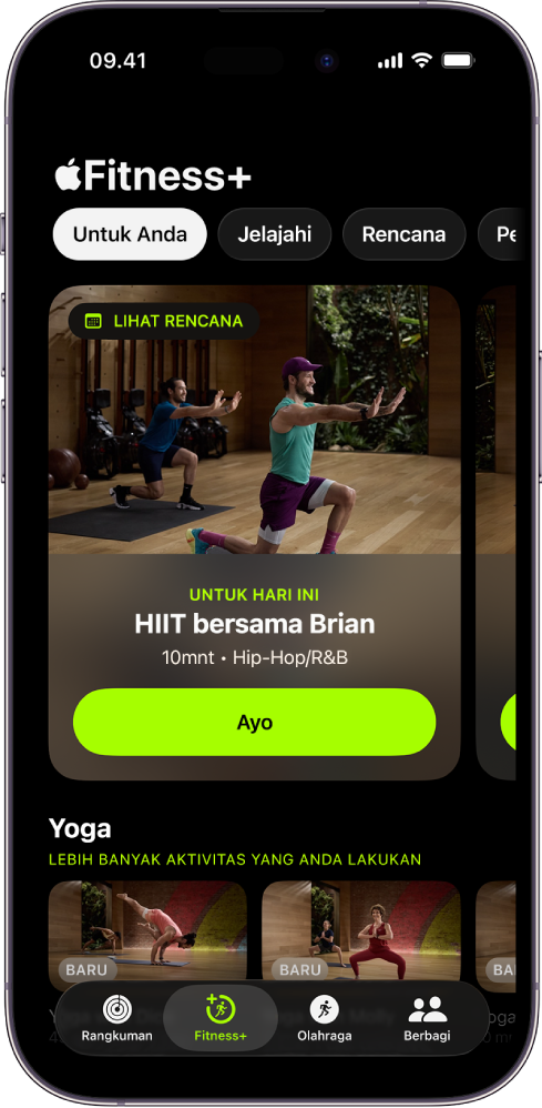 Layar Untuk Anda di Apple Fitness+ menampilkan olahraga dalam Rencana Khusus dan olahraga Yoga yang direkomendasikan.