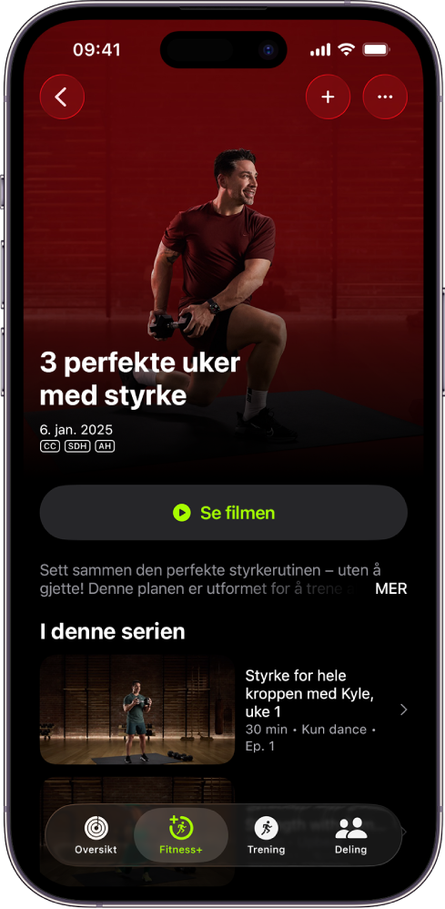Et treningsprogram vises på Apple Fitness+-skjermen. Navnet på treningsprogrammet, en knapp for å se en forhåndsvisning av treningsprogrammet og beskrivelsen vises på midten av skjermen. En rad med treningsøkter vises nederst på skjermen.