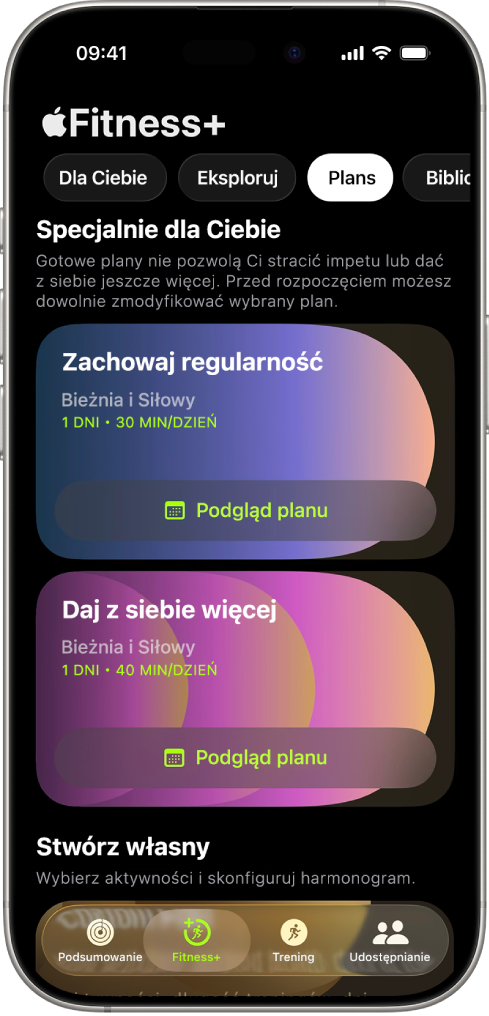 Ekran Plany w Apple Fitness+. U góry ekranu widoczny jest aktywny plan treningowy. Poniżej szczegółów dotyczących treningu znajdują się przyciski umożliwiające rozpoczęcie treningu oraz wyświetlenie planu treningowego.