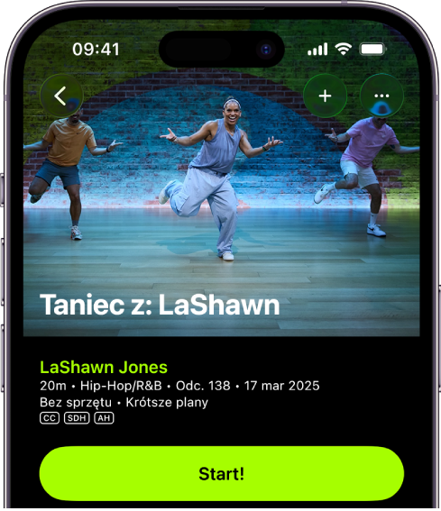 Ekran Apple Fitness+ pokazujący trening. Na górze ekranu znajduje się obrazek przedstawiający instruktorów prowadzących trening. Na środku widoczny jest tytuł treningu oraz imię instruktora. Poniżej szczegółów dotyczących treningu znajduje się przycisk umożliwiający rozpoczęcie treningu.