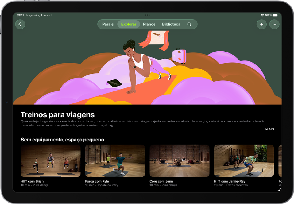 O ecrã de Apple Fitness+ a mostrar uma coleção de Arrefecimento (atenção plena). O título e a descrição da coleção estão no centro do ecrã. Por baixo do título da coleção estão linhas de treinos.