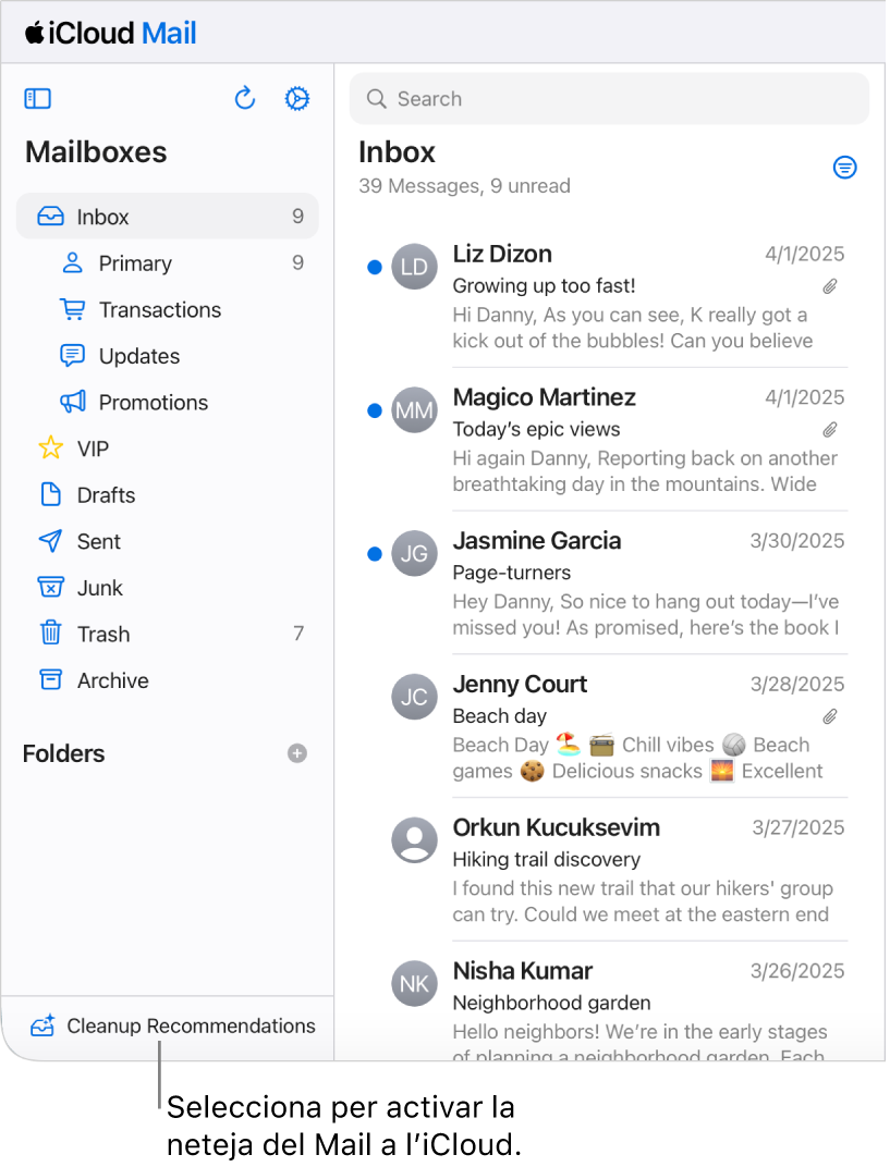 El botó “Recomanacions de neteja” a la part inferior de la llista de bústies.