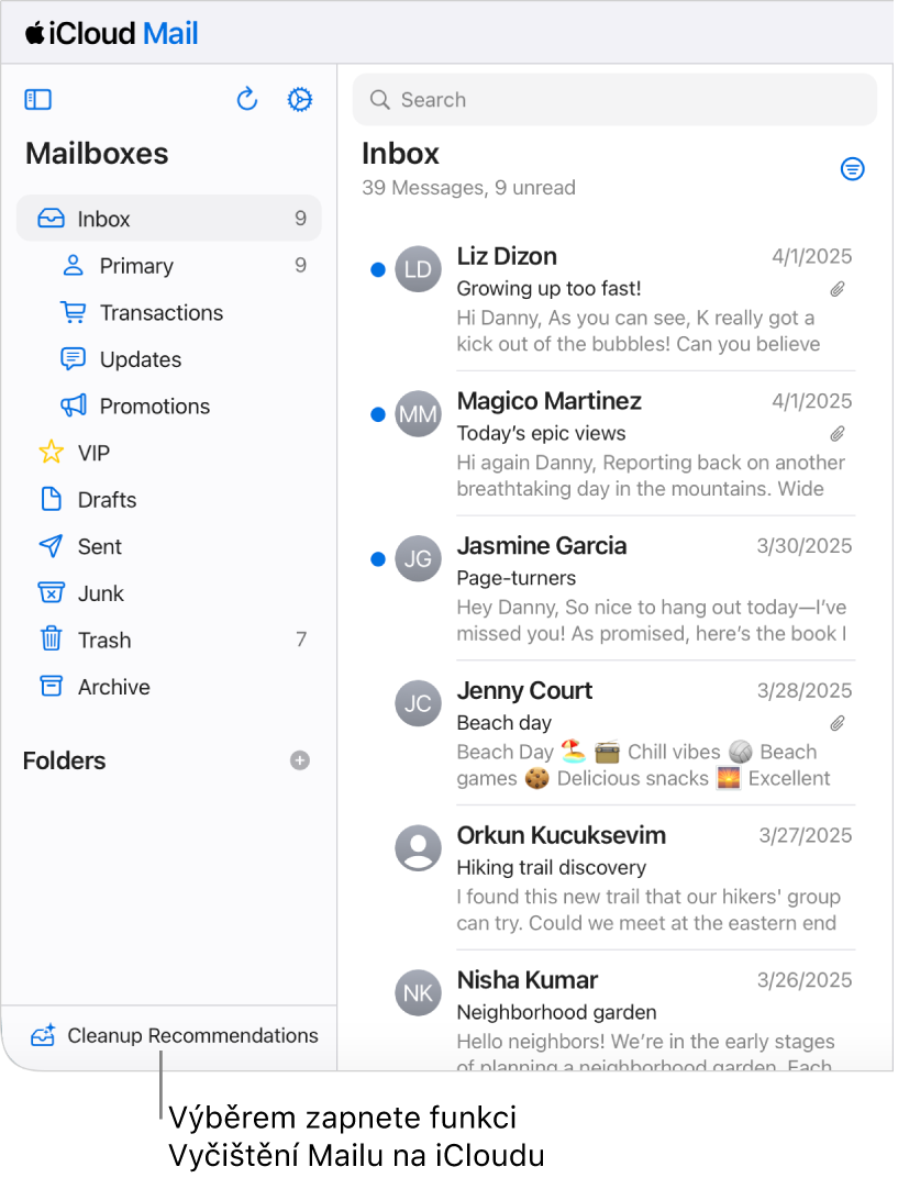 Tlačítko Doporučení Vyčištění na konci seznamu schránek.
