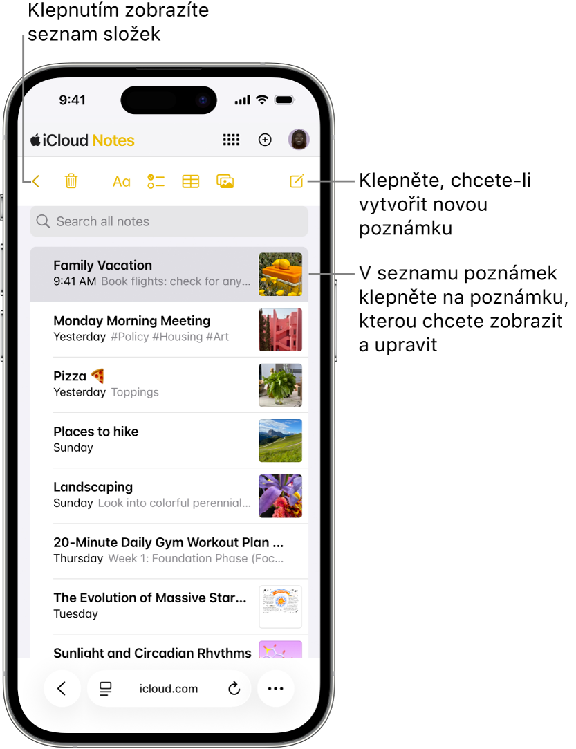 Otevřený seznam poznámek na iCloud.com na telefonu.