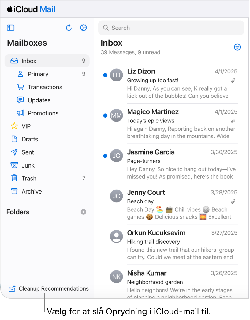 Knappen Anbefalinger til oprydning nederst på listen over postkasser.