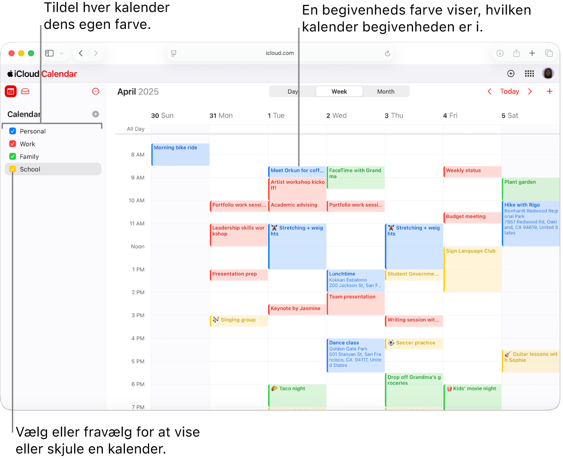 Vinduet Kalender på iCloud.com, hvor flere kalendere er synlige. Kalenderne tildeles forskellige farver, og en begivenheds farve fortæller, hvilken kalender den er i.