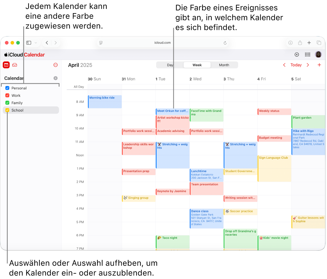 Das Fenster „Kalender“ auf iCloud.com – mit mehreren sichtbaren Kalendern. Den Kalendern sind verschiedene Farben zugewiesen. Anhand der Farbe eines Ereignisses ist ersichtlich, zu welchem Kalender es gehört.