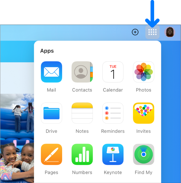 Der App-Starter auf der iCloud-Homepage ist geöffnet und zeigt die folgenden Apps an: Mail, Kontakte, Kalendar, Fotos, iCloud Drive, Notizen, Erinnerungen, Einladungen, Pages, Numbers, Keynote und „Wo ist?“.