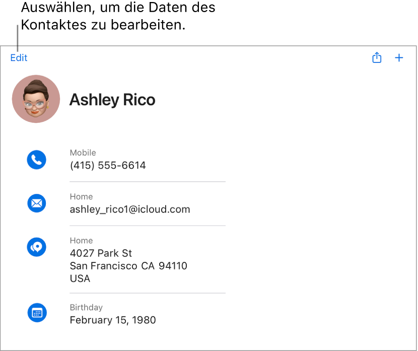 Eine Kontaktkarte auf iCloud.com mit Informationen zu einer Person, darunter eine Telefonnummer, eine E-Mail-Adresse, eine Adresse, ein Geburtstag sowie eine Taste, um diese Felder zu bearbeiten.