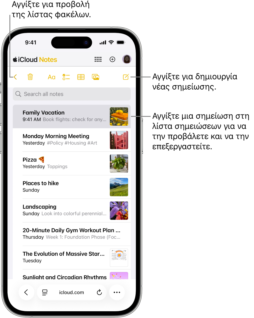 Μια ανοιχτή λίστα σημειώσεων στο iCloud.com σε ένα τηλέφωνο.