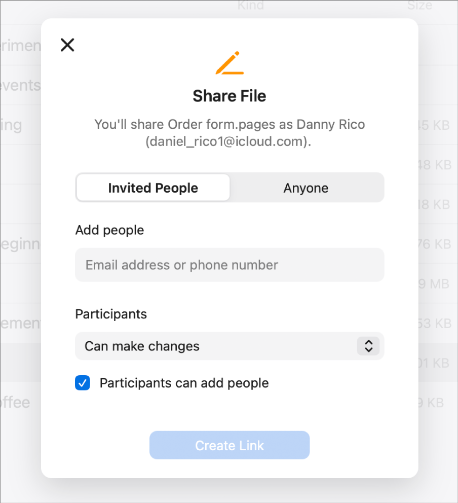 A pop-up window for sharing a file with Share Options visible.