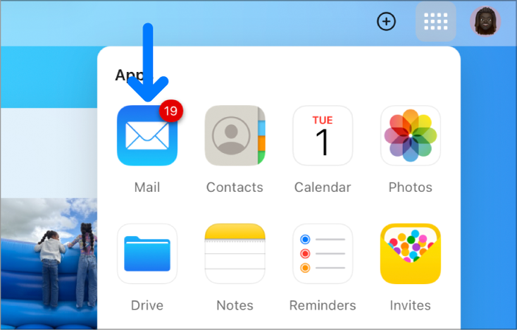 On the iCloud.com homepage, the App Launcher is open, and the Mail app icon has a badge with the number three.