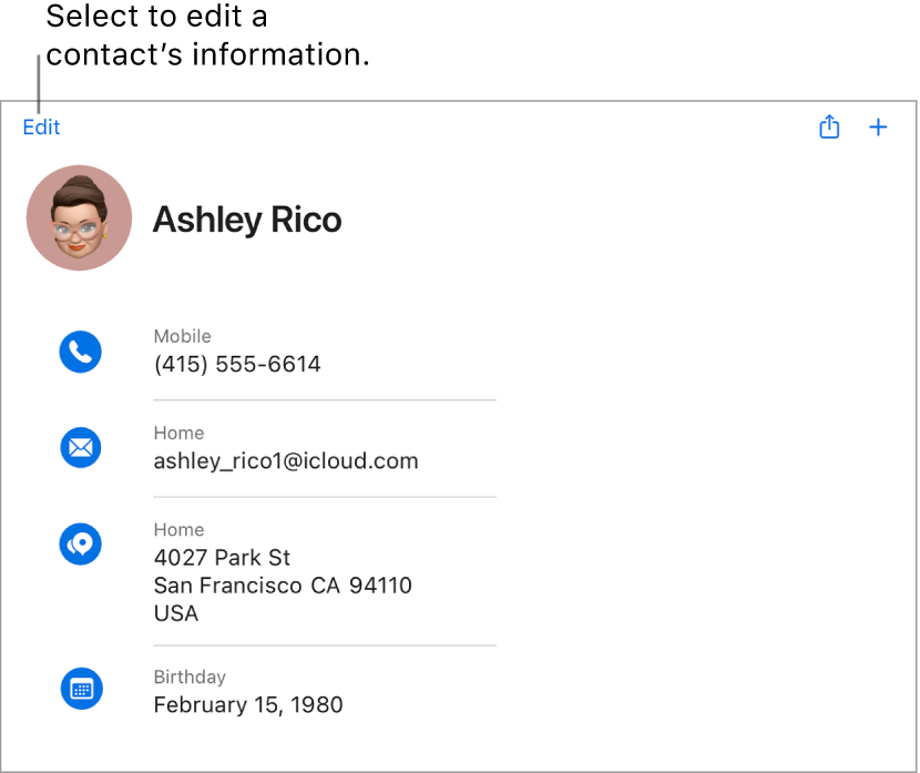 A contact card on iCloud.com showing information for a person, including a phone number, an email address, a home address and birthday, as well as a button to edit these fields.