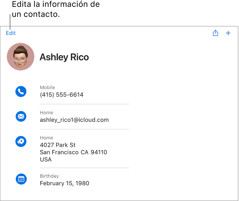 Una tarjeta de contacto en iCloud.com que muestra información de una persona, incluido un número de teléfono, una dirección de correo electrónico, una dirección particular y una fecha de nacimiento, así como un botón para editar estos campos.