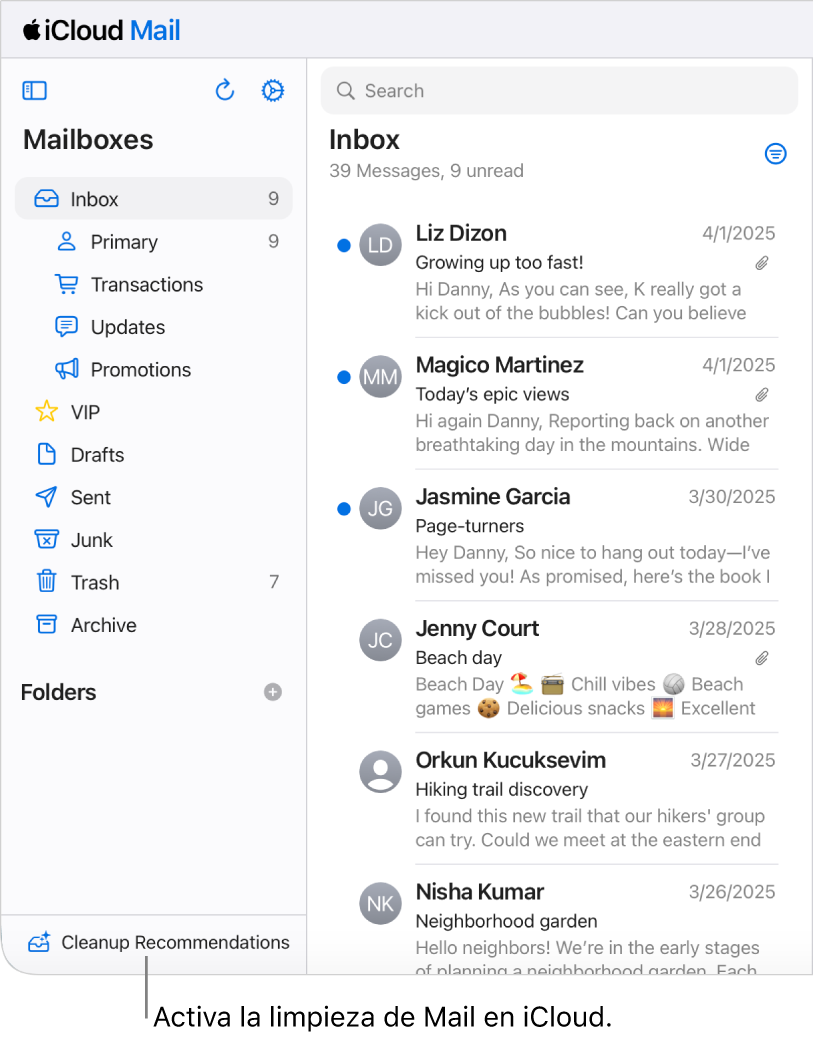 El botón Recomendaciones de limpieza en la parte inferior de la lista de Buzones.
