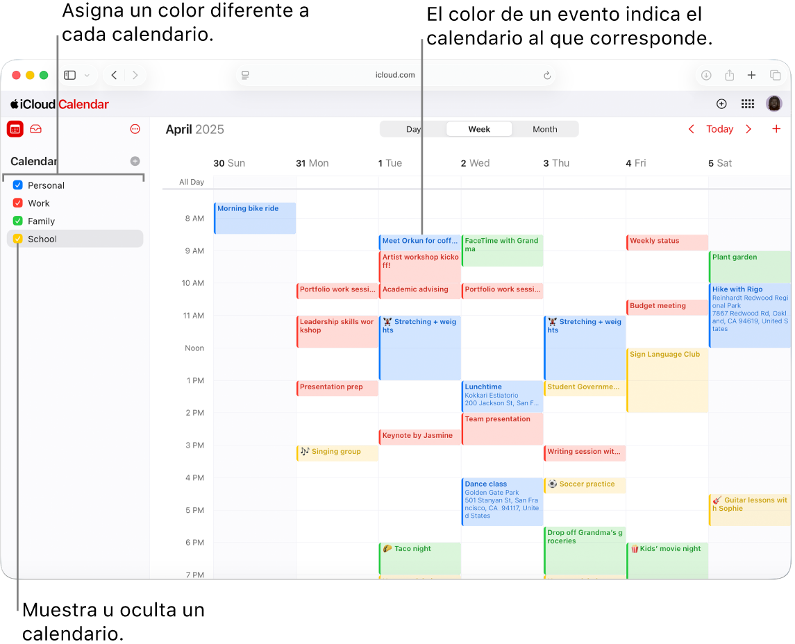 La ventana Calendario en iCloud.com, donde se ven varios calendarios. Los calendarios tienen asignados diferentes colores y el color de un evento indica en qué calendario se encuentra.