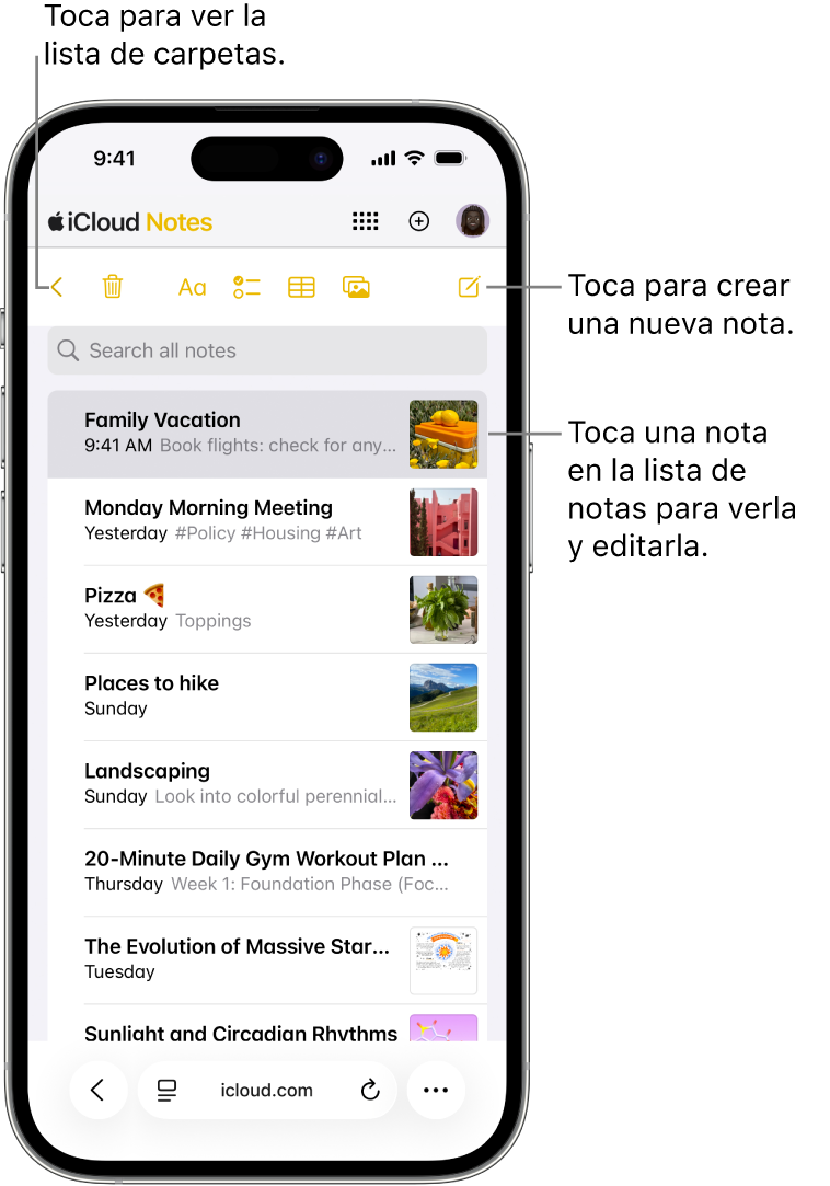 Una lista de notas abiertas en iCloud.com en un teléfono.