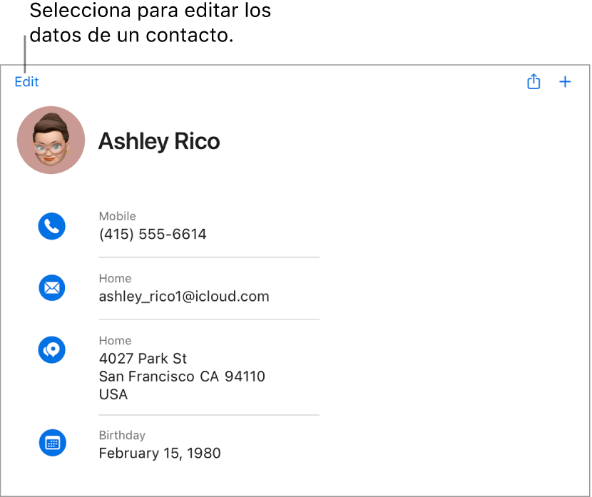 Una tarjeta de contacto en iCloud.com que muestra información de una persona, incluido un número de teléfono, una dirección de correo electrónico, la fecha de nacimiento y un botón para editar esos campos.