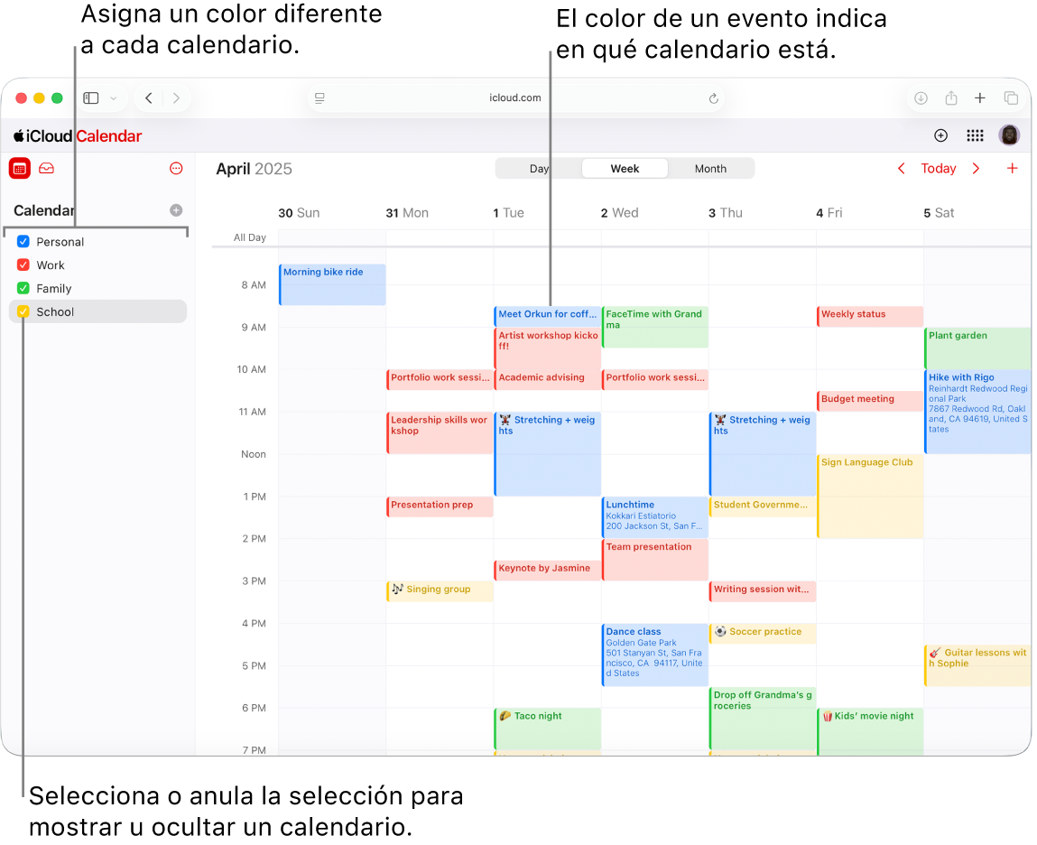 La ventana Calendario de iCloud.com con varios calendarios visibles. Se asigna un color diferente a cada calendario y el color de los eventos indica en qué calendario se encuentran.