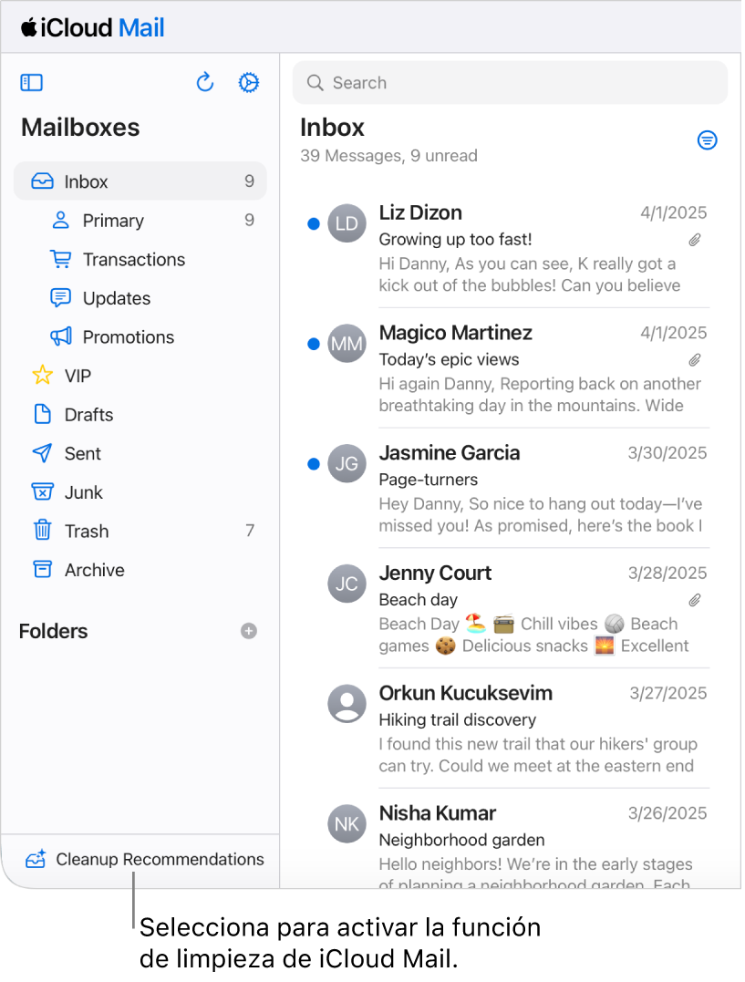 El botón Recomendaciones de limpieza en la parte inferior de la lista de buzones de correo.